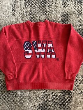 Red Crewneck Sweater with Patriotic 'SWA' Knit